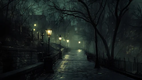 Foggy cobblestone path lit by sparse urban lampposts.