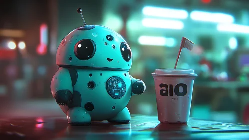 Cute teal robot enjoys neon cafe break beside drink cup