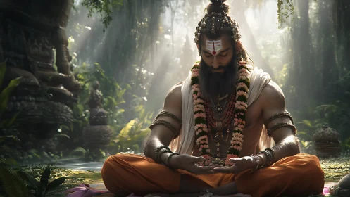 Forest sage in sunlit meditation, garlanded in quiet power.