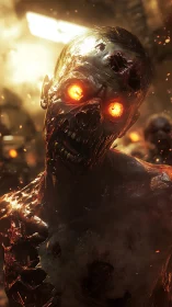Flaming-eyed undead figure stands in a blurred infernal setting