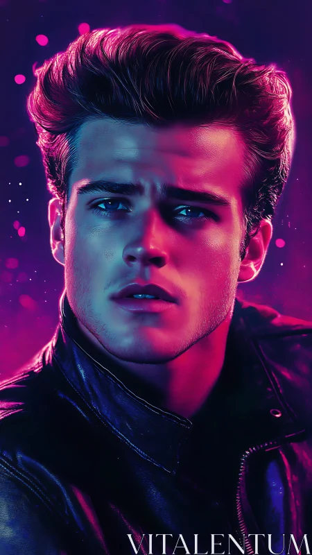 Male portrait under neon magenta and blue lighting conditions.