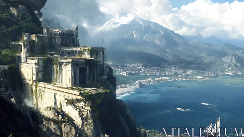 Coastal stone fortress complex overlooks bay and mountains