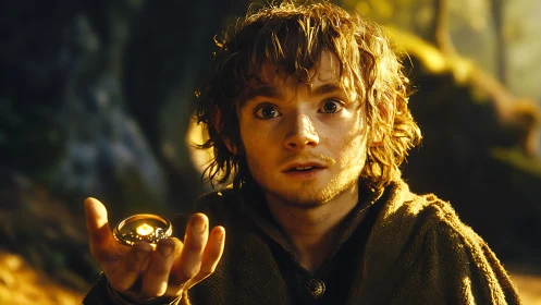 Wide-eyed adventurer holds glowing ring in sunlit forest.