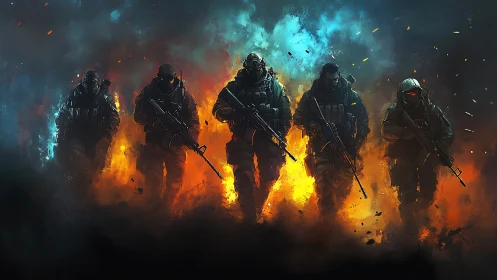 Elite tactical squad advances through inferno-lit smoke.