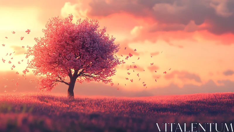 Digital painting of lone cherry tree in luminous sunset field.