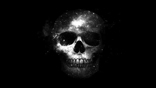 Cosmic nebula-filled human skull on deep black background