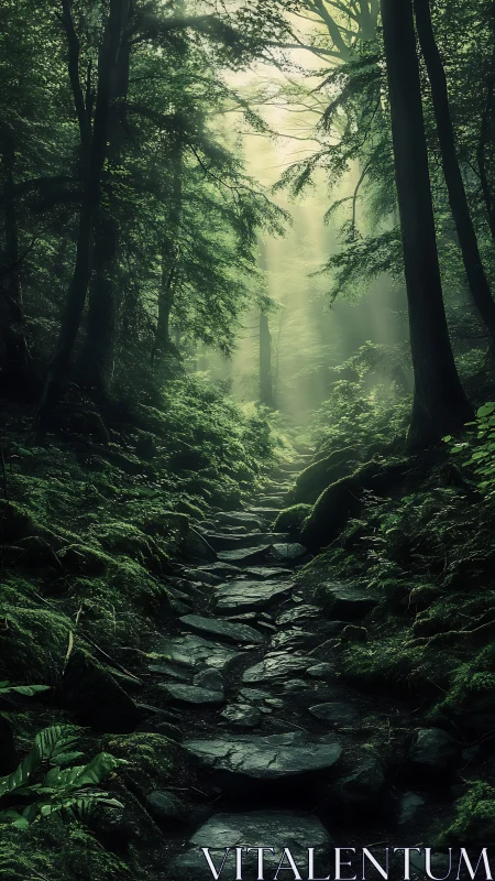 Misty Forest Stream Pathway Through Dense Canopy and Verdant Woodland.