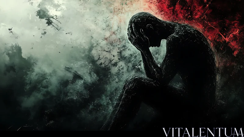 Silhouette figure in despair amid abstract dark storm.