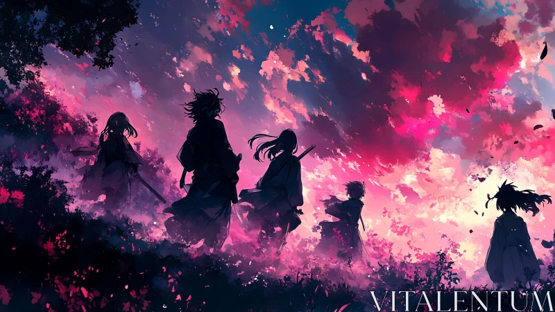 Silhouetted figures stand under dense pink and blue sky