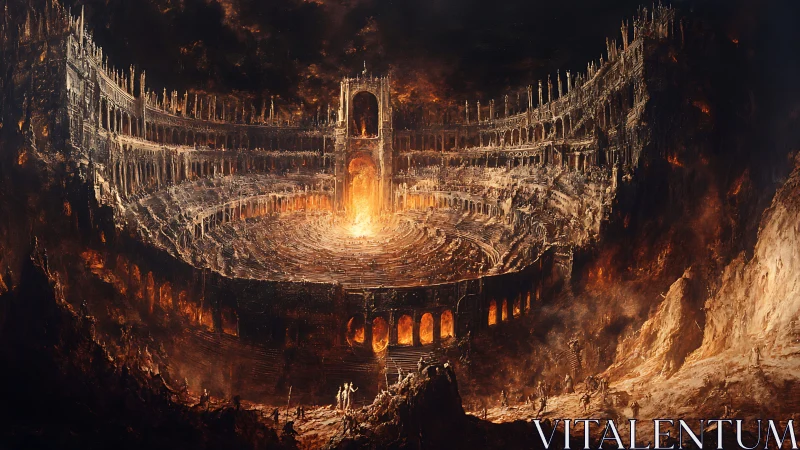 Infernal arena rises in a blazing, apocalyptic canyon.