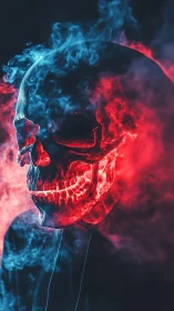 Neon skull in smoke, a dreamy dance of fire and frost.