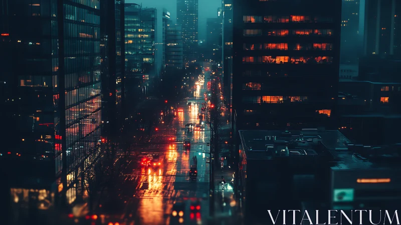 Cozy city night street glowing with soft rainy reflections.