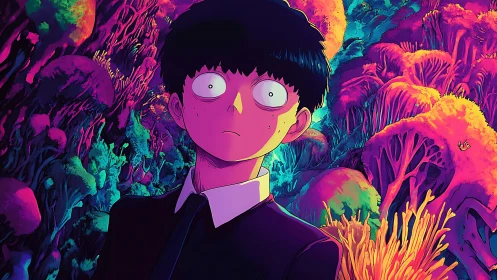 Stunned boy stands in neon psychedelic forest landscape