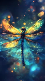 Bioluminescent dragonfly anatomy under spectral bokeh field.