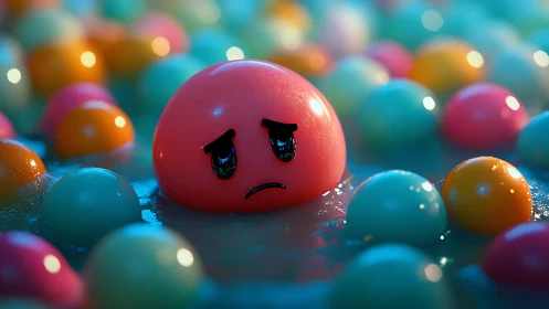 Sad little emoji afloat in a dreamy sea of colors.