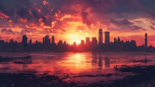 Digital painting skyline at sunset with reflective waterfront emphasis.