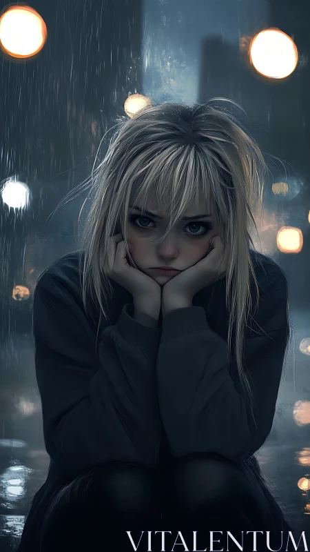 Rain-soaked girl finds a quiet moment of lonely reflection