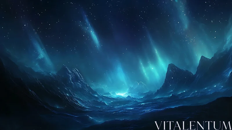 Starlit icy landscape lies under luminous teal auroras