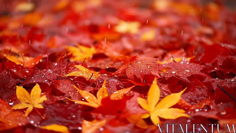 Crimson maple leaves glistening under gentle autumn rain.