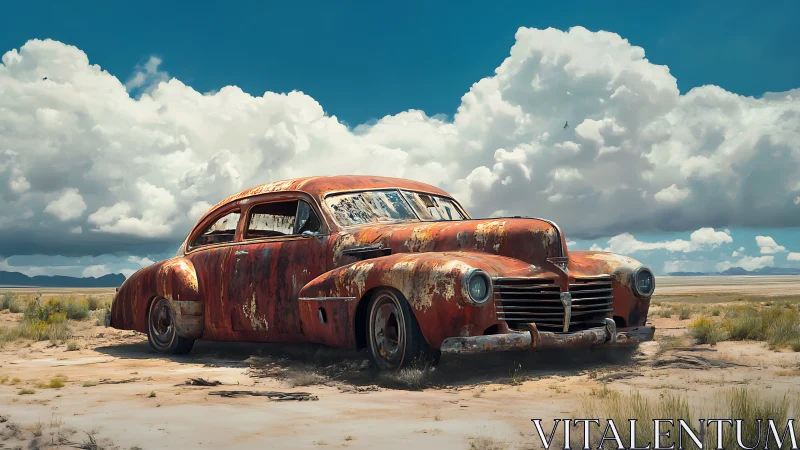 Rusting vintage sedan resting under vast desert sky.