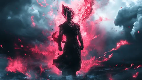 Fierce energy warrior walks through storm with blazing power