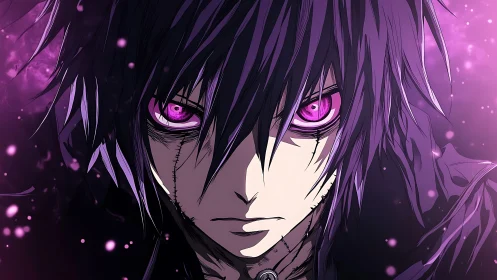 Violet-eyed avenger glares through swirling arcane embers.