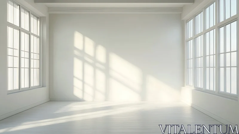 Sunlit empty white room shows large grid windows and shadows