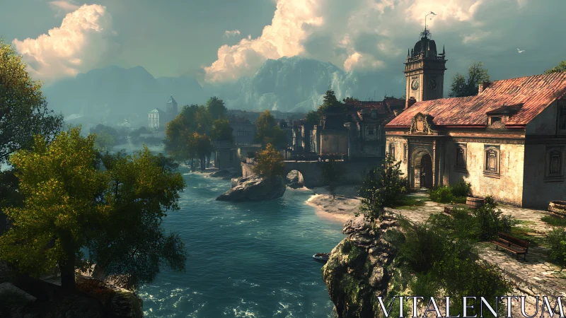 Digital rendering of riverside European village with atmospheric perspective and architectural geome