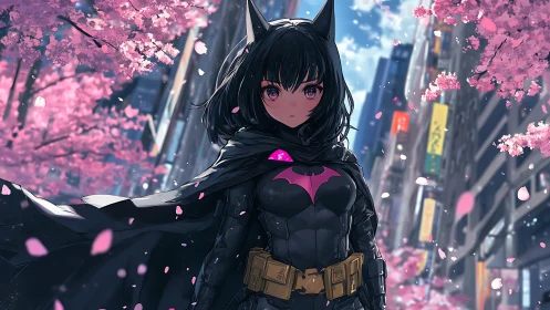 Anime bat-heroine stands amid urban cherry blossoms at dusk