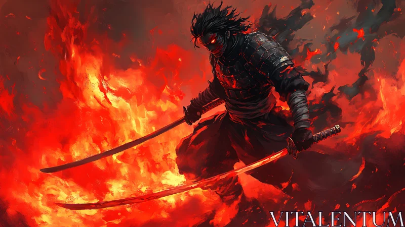 Blade-wreathed fire ronin strides through a storm of embers.