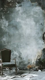 Vintage green chair in decayed interior with cracked wall.