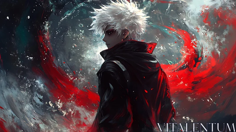White-haired figure stands amid swirling red and dark forms