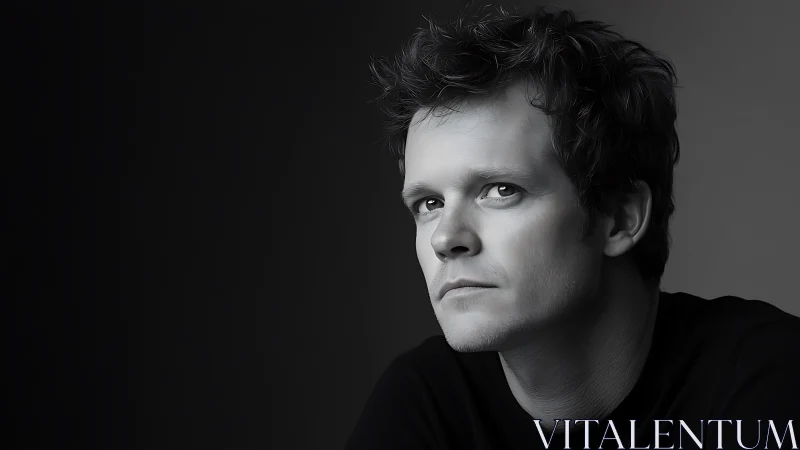 Monochrome portrait of pensive man against dark background.