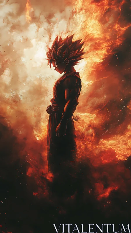 Fiery anime warrior silhouette stands within blazing storm.