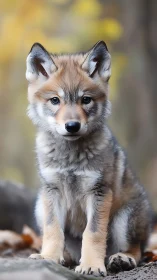 Wolf pup gazes softly in warm autumn forest light.