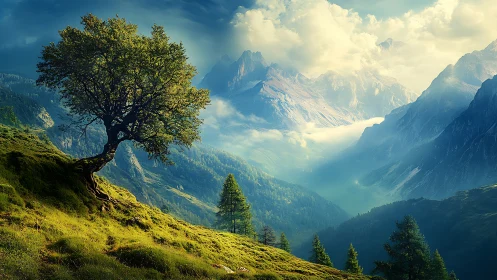 Lone hillside tree overlooking volumetric-lit alpine valley.