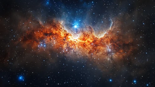 Stellar nebula with dense gas clouds and bright blue stars.