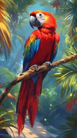 Scarlet macaw rests amid lush tropical jungle light.