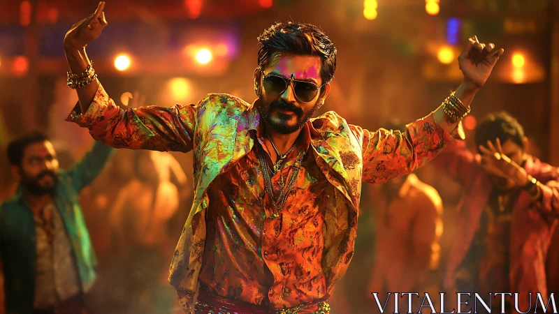 Color-drenched dancer celebrates under vibrant party lights.