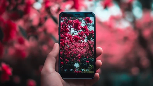 Hand holding smartphone displaying vibrant red flowers.