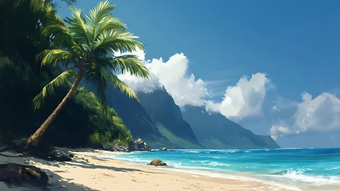 Tropical Beach Cove with Palm, Mountains, Turquoise Waters.