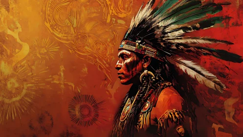 Profile portrait of indigenous chief in feathered headdress.