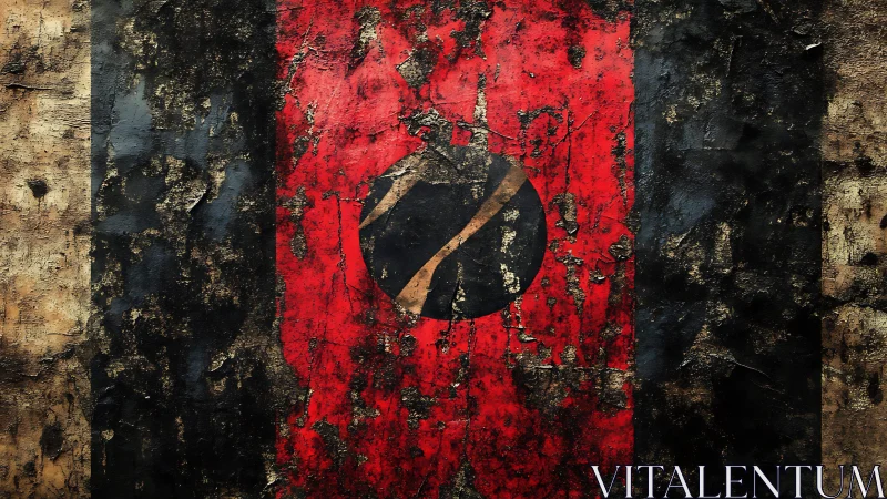 Weathered Grunge Flag With Bold Red Center and Black Symbol.