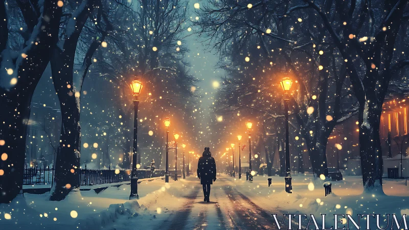Cinematic winter boulevard with solitary figure and lamplight symmetry.