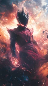 Fiery cosmic warrior strides through swirling starlit flames