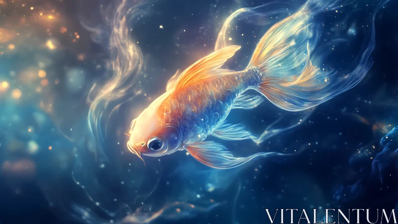 Luminous goldfish drifts through dreamy cosmic waters.
