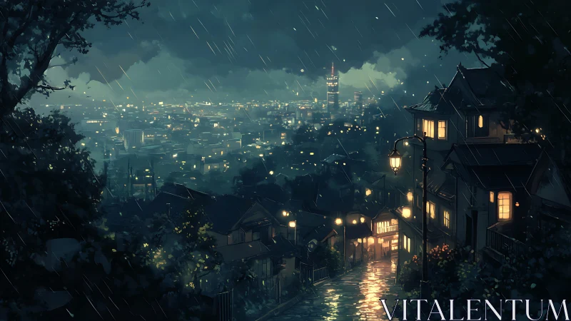 Rain-soaked hillside alley overlooks luminous nocturnal cityscape