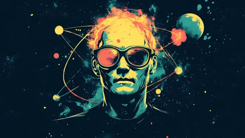 Stylized male portrait shows orbital diagrams around head
