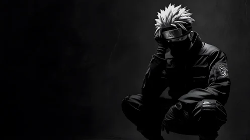 Shadow-kissed ninja crouches where silver hair cuts night