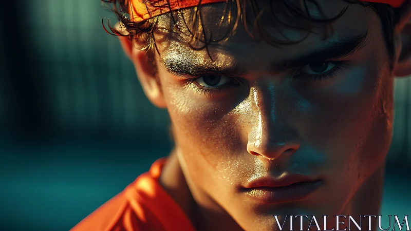 Sweat‑lit runner close‑up in teal orange cinematic lighting